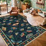 Covaba vintage botanical insect area rug in stormy blue, styled in a room setting, view 6
