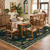Covaba vintage botanical insect area rug in fern green, styled in a room setting, view 3