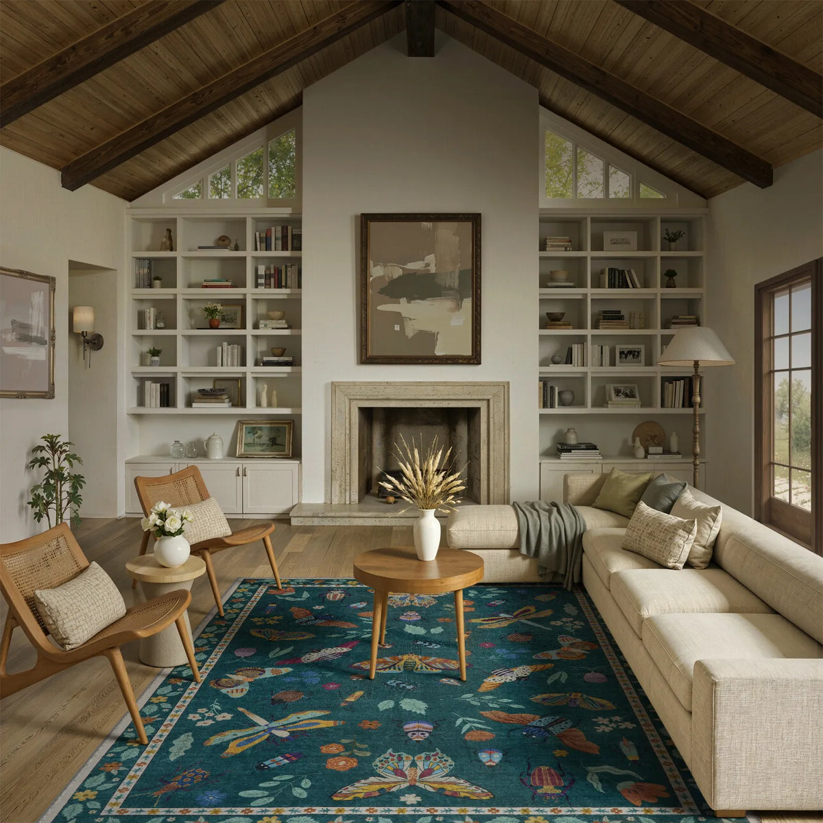 Covaba modern parisian insect area rug in fern green, styled in a room setting