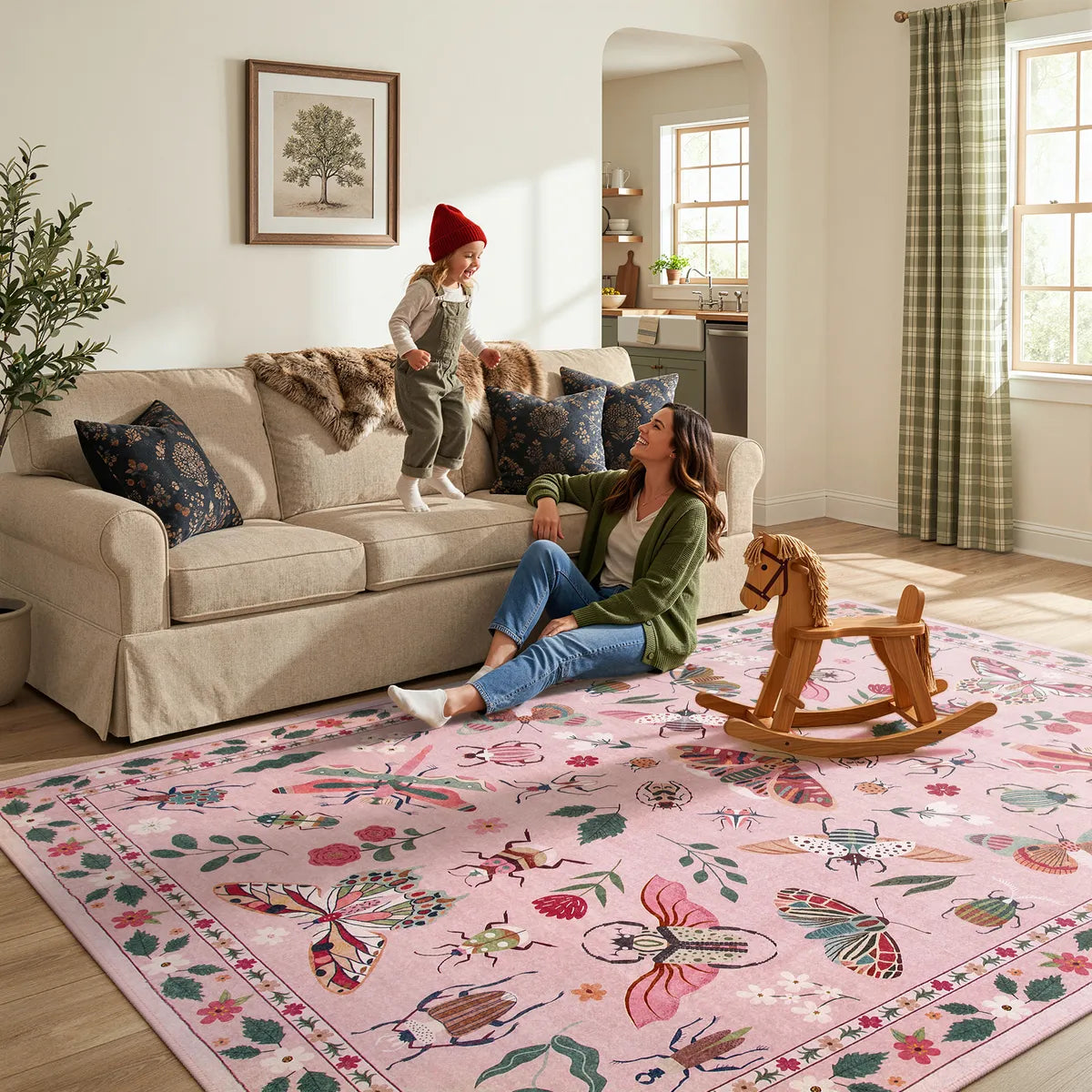 Covaba modern parisian insect area rug in blush clay, styled in a room setting