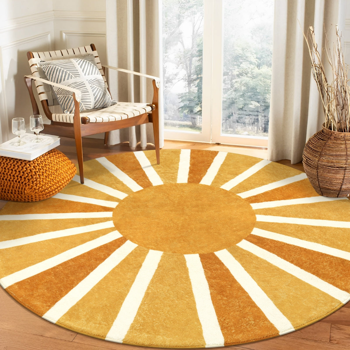 Covaba boho rainbow sunshine round rug in amber clay, styled in a room setting