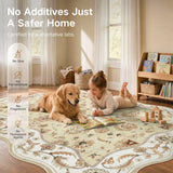 Covaba vintage botanical scalloped rug in warm beige, styled in a room setting, view 3