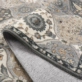 Covaba ultra-thin vintage floral moroccan trellis rug in pearl grey, styled in a room setting, view 2