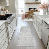 Covaba modern rustic farmhouse moroccan tribal grey/white runner rug in soft white, styled in a room setting