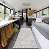 Covaba modern rustic farmhouse moroccan tribal grey/white runner rug in soft white, styled in a room setting, view 2