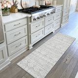 Covaba modern rustic farmhouse moroccan tribal grey/white runner rug in soft white, styled in a room setting, view 4