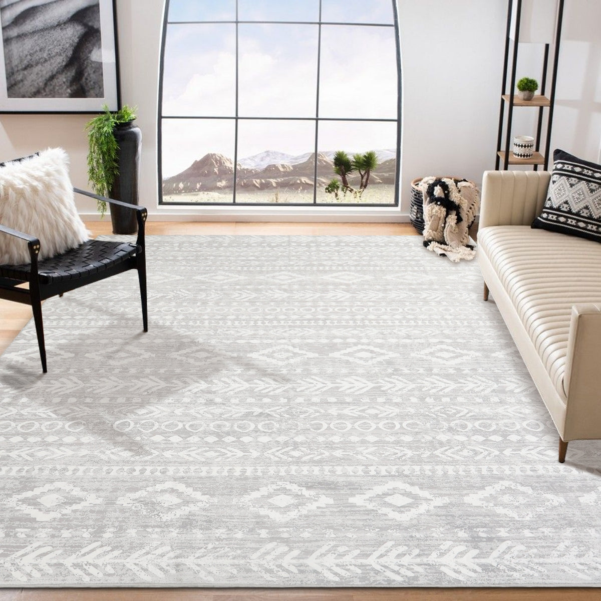 Covaba modern rustic farmhouse moroccan tribal grey/white area rug in soft white, styled in a room setting