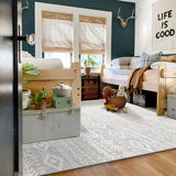 Covaba modern rustic farmhouse moroccan tribal grey/white area rug in soft white, styled in a room setting, view 5