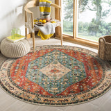 Covaba boho vintage tribal round rug in burnt rust, styled in a room setting, view 4