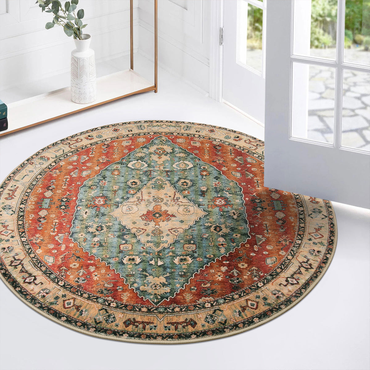 Covaba boho vintage tribal round rug in burnt rust, styled in a room setting