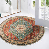 Covaba boho vintage tribal round rug in burnt rust, styled in a room setting