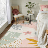 Covaba modern botanical leaf area rug in blush clay, styled in a room setting, view 13