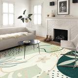 Covaba modern botanical leaf area rug in fern green, styled in a room setting, view 4