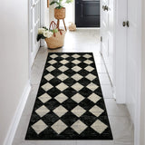 Covaba modern geometric diamond checkered runner rug in ink black, styled in a room setting