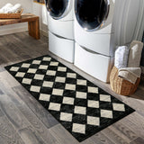 Covaba modern geometric diamond checkered runner rug in ink black, styled in a room setting, view 2