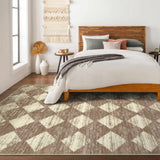 Covaba modern geometric diamond checkered area rug in warm beige, styled in a room setting, view 5