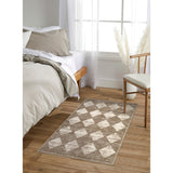 Covaba modern geometric diamond checkered doormat in warm beige, shown flat on a plain ivory backdrop