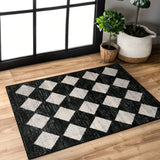 Covaba modern geometric diamond checkered doormat in ink black, styled in a room setting
