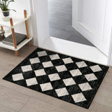 Covaba modern geometric diamond checkered doormat in ink black, styled in a room setting, view 2