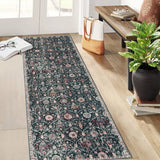 Covaba ultra-thin vintage floral moroccan trellis runner rug in ink black, styled in a room setting, view 10