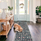 Covaba ultra-thin vintage floral moroccan trellis runner rug in ink black, styled in a room setting, view 9