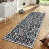 Covaba ultra-thin vintage floral moroccan trellis runner rug in ink black, styled in a room setting, view 11