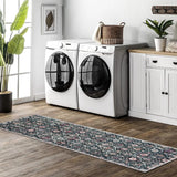 Covaba ultra-thin vintage floral moroccan trellis runner rug in ink black, styled in a room setting, view 12