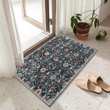 Covaba ultra-thin vintage floral moroccan trellis doormat in ink black, styled in a room setting