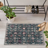 Covaba ultra-thin vintage floral moroccan trellis doormat in ink black, styled in a room setting, view 3