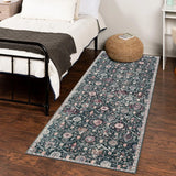 Covaba ultra-thin vintage floral moroccan trellis runner rug in ink black, styled in a room setting, view 6