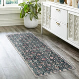 Covaba ultra-thin vintage floral moroccan trellis runner rug in ink black, styled in a room setting, view 7
