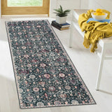 Covaba ultra-thin vintage floral moroccan trellis runner rug in ink black, styled in a room setting, view 8