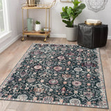 Covaba ultra-thin vintage floral moroccan trellis area rug in ink black, styled in a room setting, view 4
