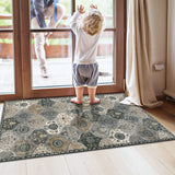 Covaba ultra-thin vintage floral moroccan trellis doormat in pearl grey, styled in a room setting, view 4
