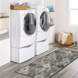 Covaba ultra-thin vintage floral moroccan trellis runner rug in pearl grey, styled in a room setting, view 7