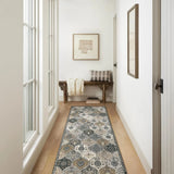 Covaba ultra-thin vintage floral moroccan trellis runner rug in pearl grey, styled in a room setting, view 11