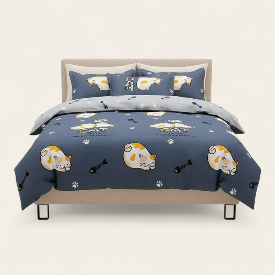 Bedding Set – Cat Print – Midnight Navy