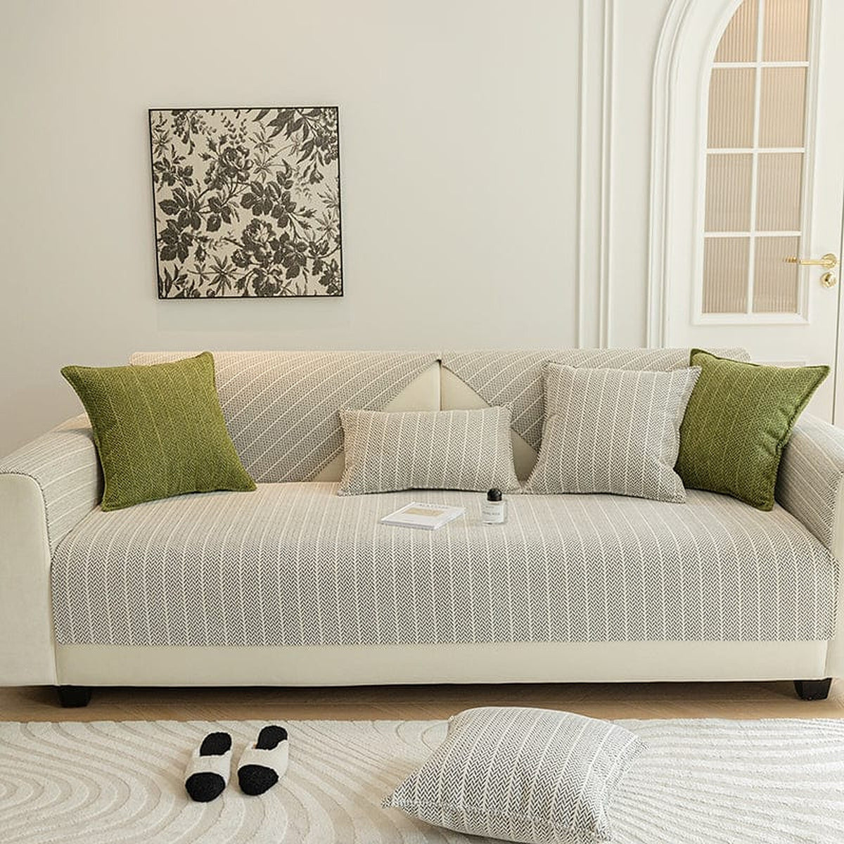 Non-Slip Sofa Cover – Fine Pinstripe – Bouclé Sand