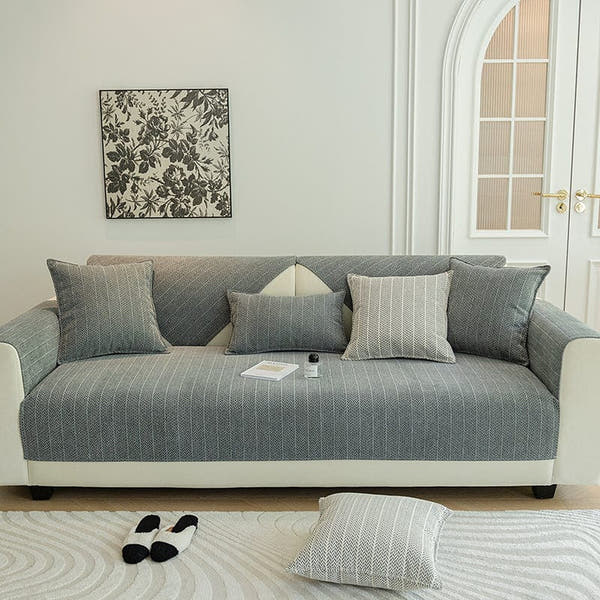 Non-Slip Sofa Cover – Pinstripe Knit – Sage Mist