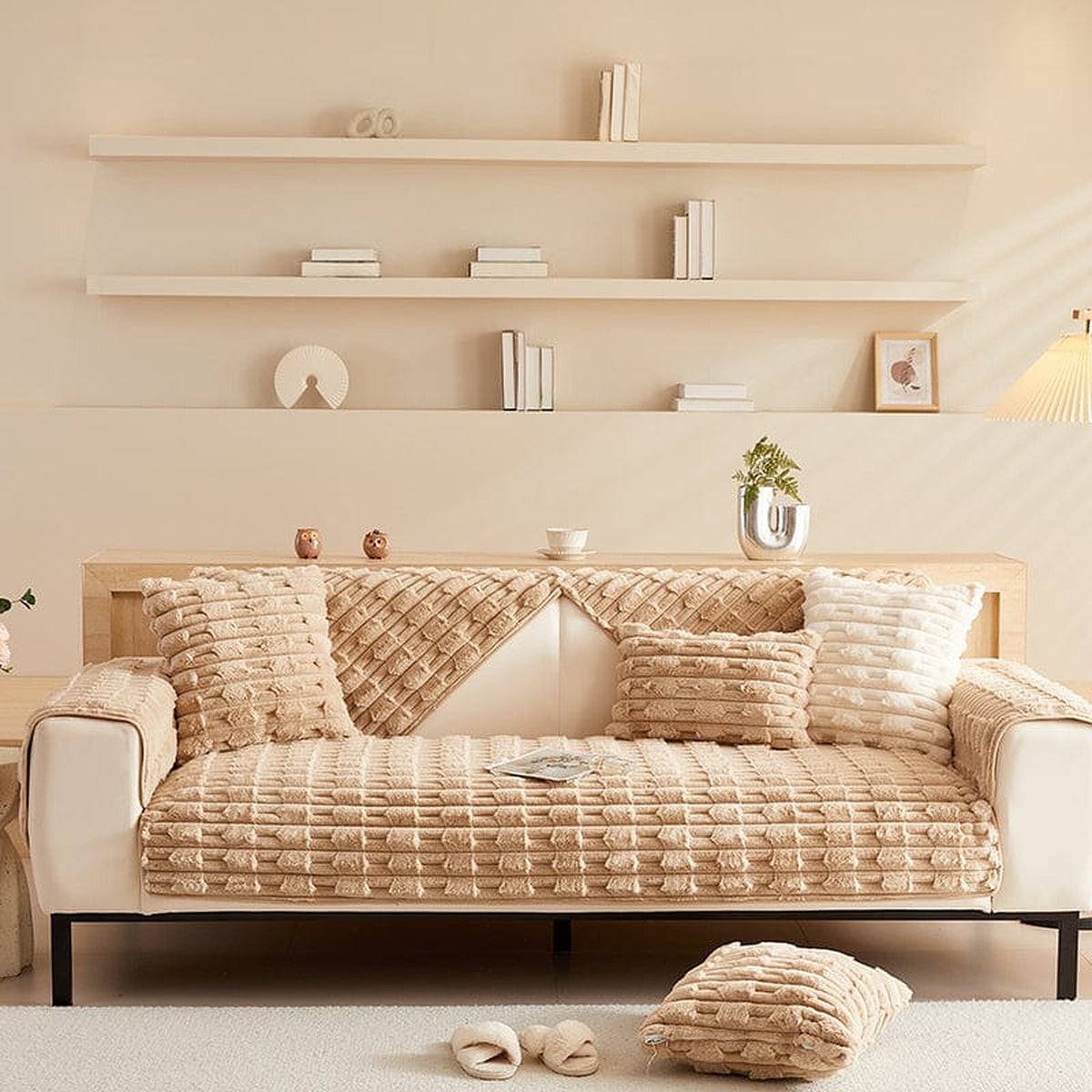 Non-Slip Sofa Cover – Quilted Waffle – Bouclé Sand
