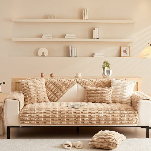 Non-Slip Sofa Cover – Quilted Waffle – Bouclé Sand