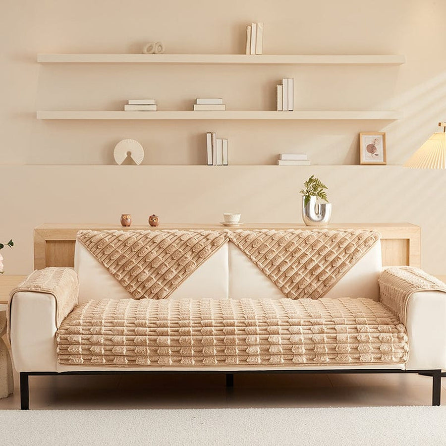 Non-Slip Sofa Cover – Quilted Waffle – Bouclé Sand