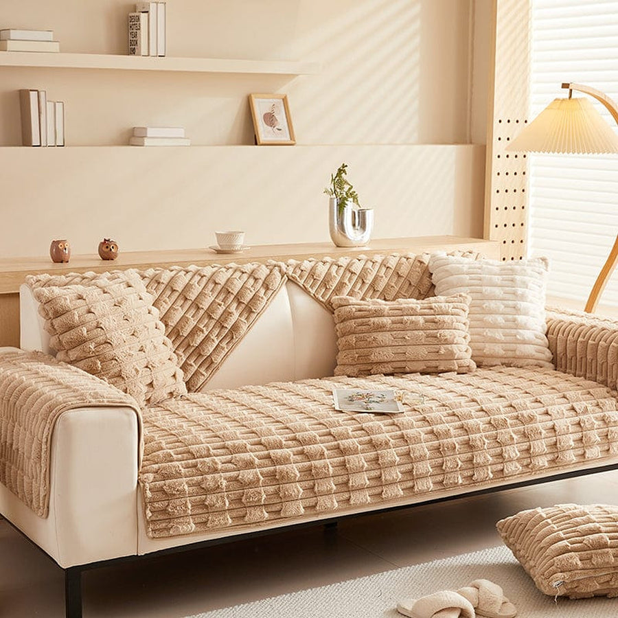 Non-Slip Sofa Cover – Quilted Waffle – Bouclé Sand