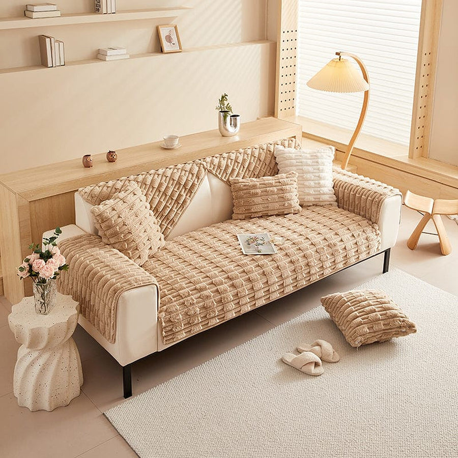 Non-Slip Sofa Cover – Quilted Waffle – Bouclé Sand
