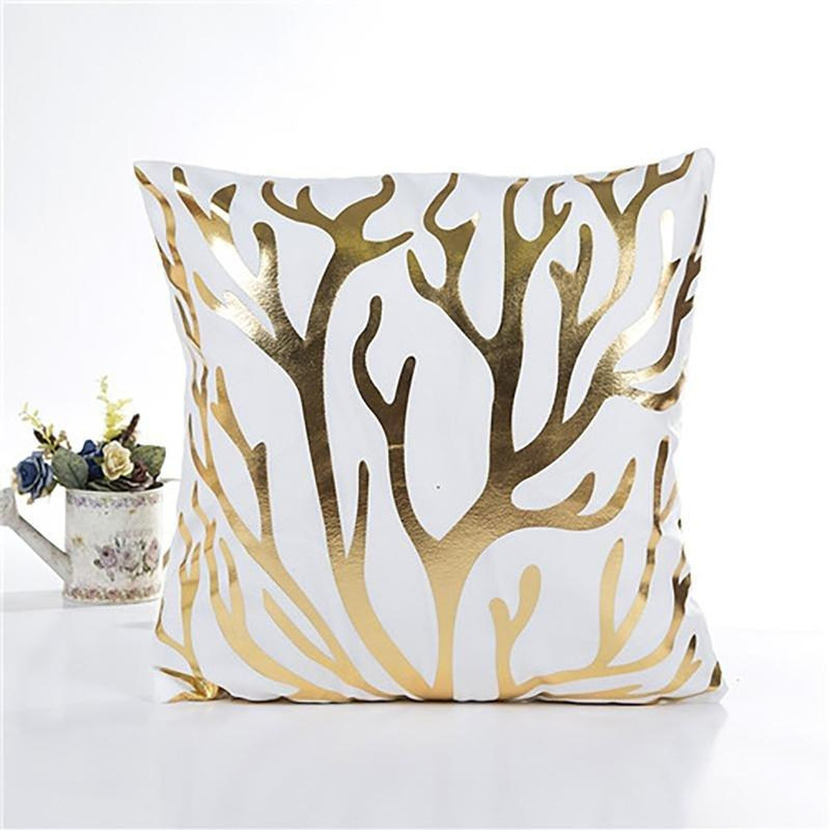 Pillow Cover – Gold Coral Print – Pearl White