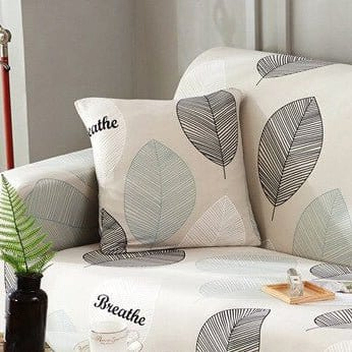 Pillow Cover – Botanical Leaves Print – Pearl Grey