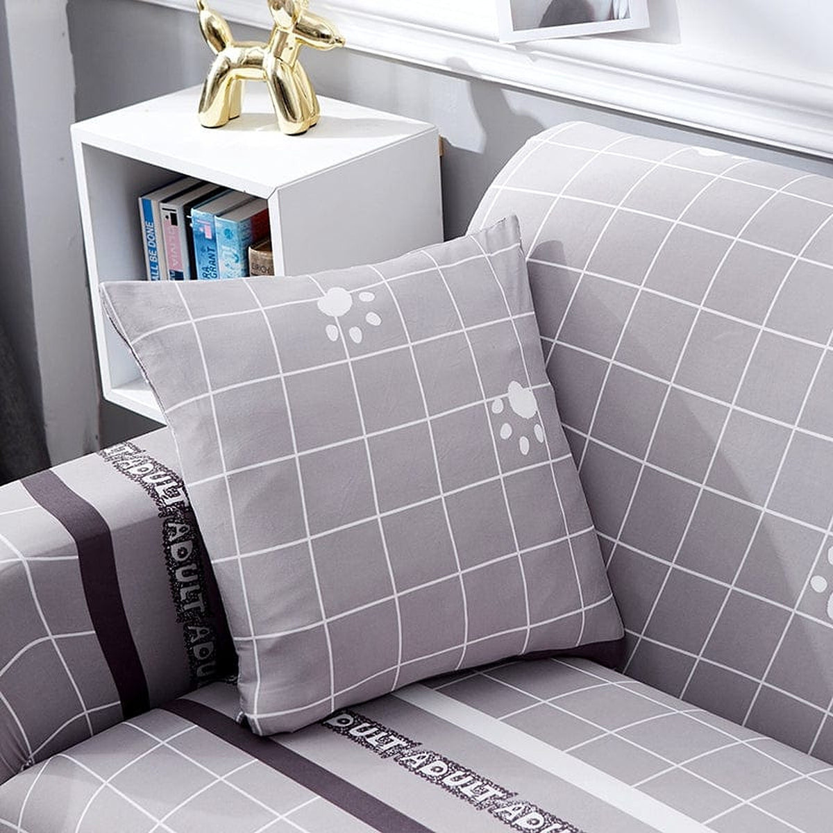 Pillow Cover – Paw Grid Print – Pearl Grey
