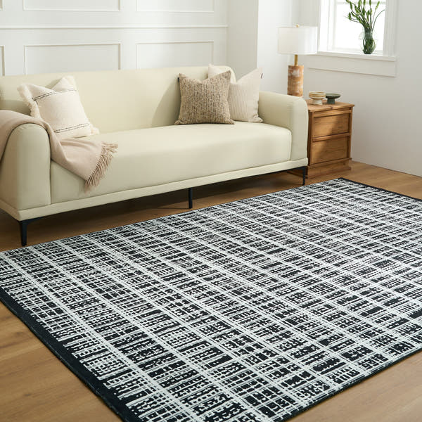 Rug – Distressed Grid – Ink Black