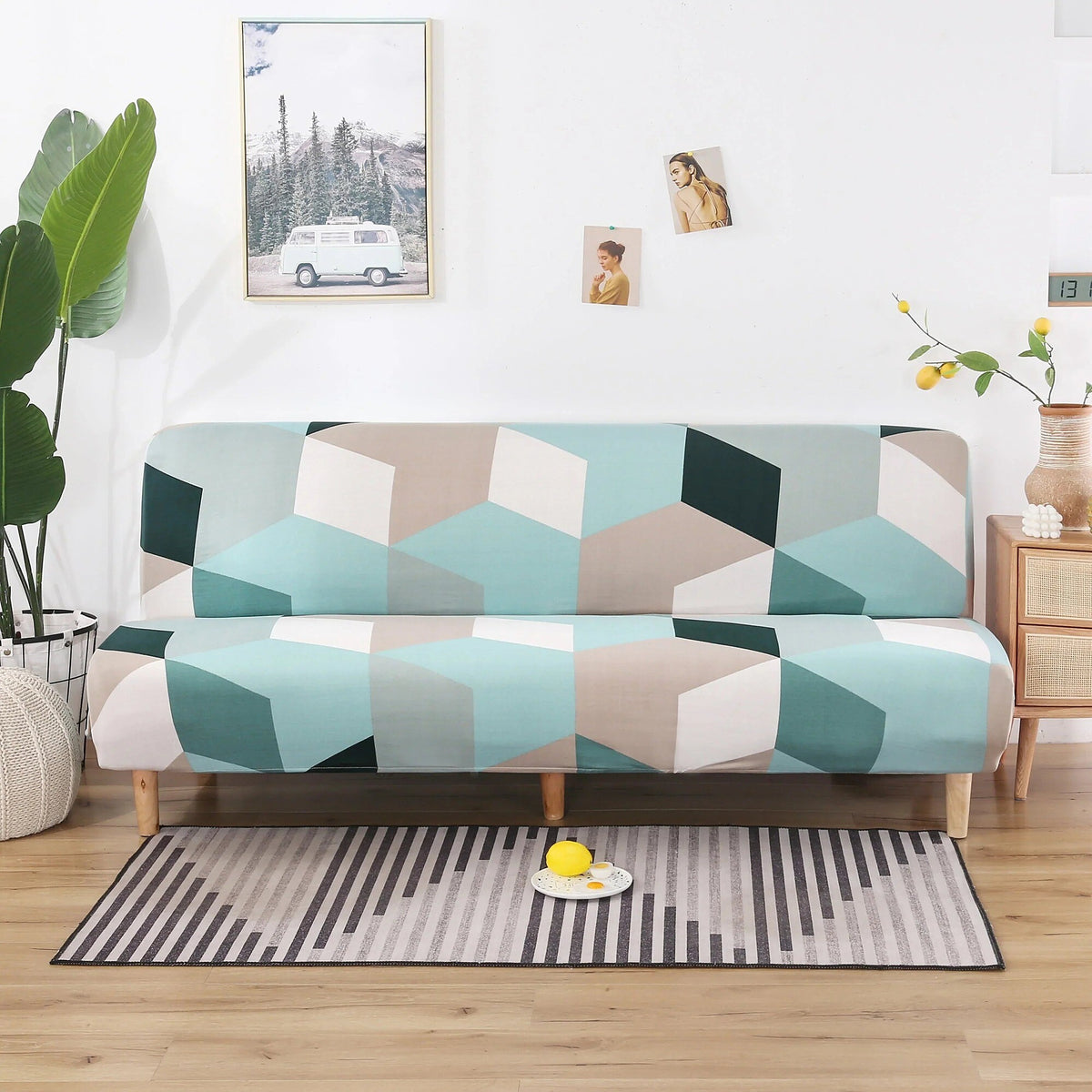 Sofa Bed Cover – 3D Cubes – Mint & Sand
