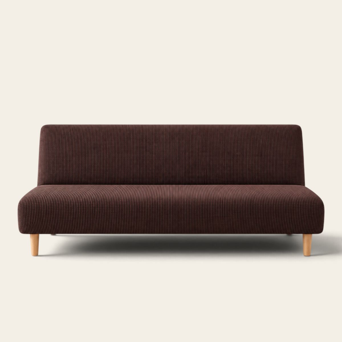 Espresso sofa bed cover in smooth stretch knit, packshot on ivory background